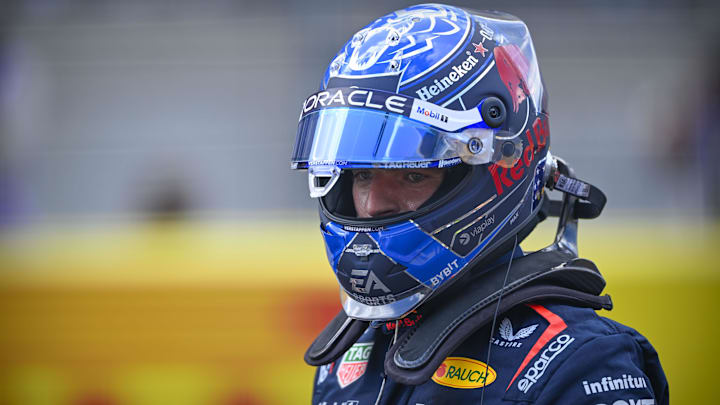 Oct 19, 2024; Austin, Texas, USA; Oracle Red Bull Racing driver Max Verstappen (1) of Team Netherlands exits his vehicle after the Sprint Race in the 2024 Formula One US Grand Prix at Circuit of the Americas. Mandatory Credit: Jerome Miron-Imagn Images