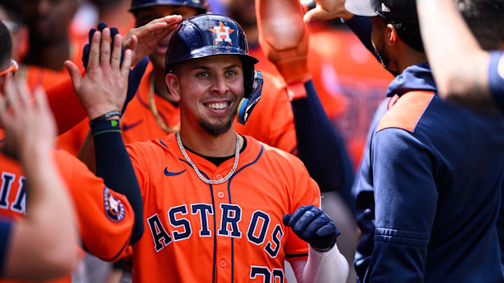 Sep 28, 2025; Anaheim, California, USA; Houston Astros third baseman Ramon Urias (29) is greeted by teammates after hitting a home run during the fifth inning against the Los Angeles Angels at Angel Stadium. Mandatory Credit: William Liang-Imagn Images Sep 28, 2025; Anaheim, California, USA; Houston Astros third baseman Ramon Urias (29) is greeted by teammates after hitting a home run during the fifth inning against the Los Angeles Angels at Angel Stadium. Mandatory Credit: William Liang-Imagn Images
