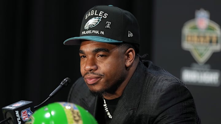 Apr 24, 2025; Green Bay, WI, USA; Jihaad Campbell speaks in a press conference after being selected by the Philadelphia Eagles as the number 31 pick in the first round of the 2025 NFL Draft at Lambeau Field.