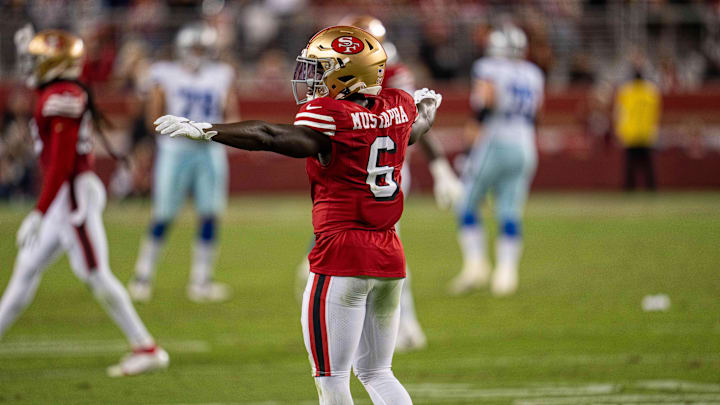 Oct 27, 2024; Santa Clara, California, USA; San Francisco 49ers safety Malik Mustapha (6) celebrates after Dallas Cowboys quarterback Dak Prescott (not pictured) pass is incomplete during the third quarter at Levi's Stadium. Mandatory Credit: Neville E. Guard-Imagn Images