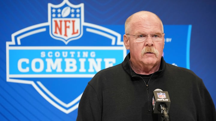 Feb 25, 2025; Indianapolis, IN, USA; Kansas City Chiefs oach Andy Reid speaks during the NFL Scouting Combine at the Indiana Convention Center. Mandatory Credit: Kirby Lee-Imagn Images