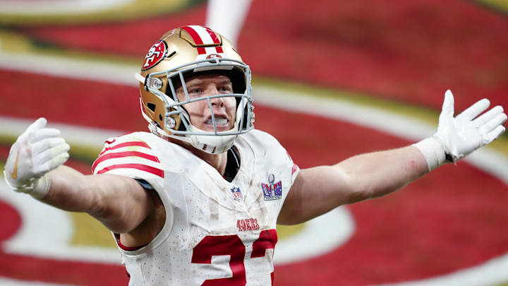 Feb 11, 2024; Paradise, Nevada, USA; San Francisco 49ers running back Christian McCaffrey (23) celebrates after scoring a touchdown against the Kansas City Chiefs in the first half in Super Bowl LVIII at Allegiant Stadium. Mandatory Credit: Stephen R. Sylvanie-Imagn Images