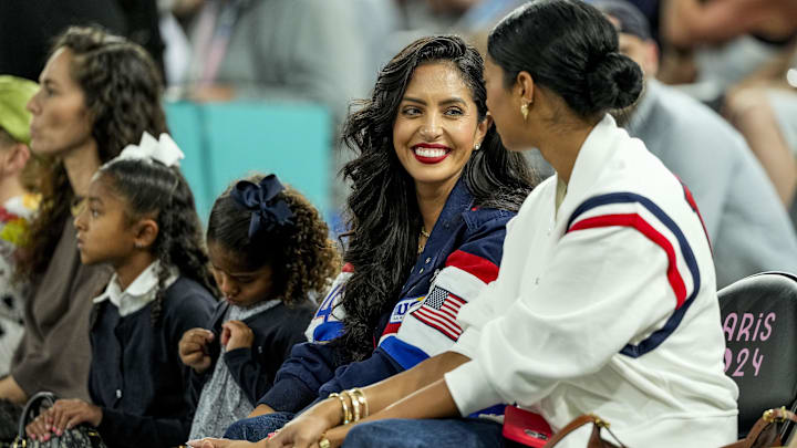 Vanessa Bryant and Natalia Braynt watch a women's basketball semifinal game during the Paris 2024 Olympic Summer Games at Accor Arena.