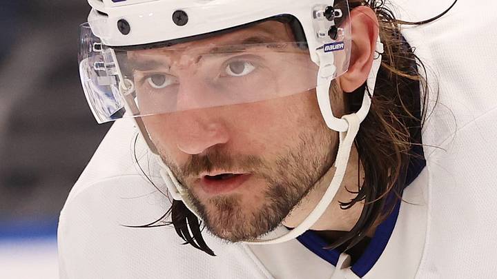 Nov 30, 2024; Tampa, Florida, USA; Toronto Maple Leafs defenseman Chris Tanev (8) against the Tampa Bay Lightning during the third period at Amalie Arena. Mandatory Credit: Kim Klement Neitzel-Imagn Images