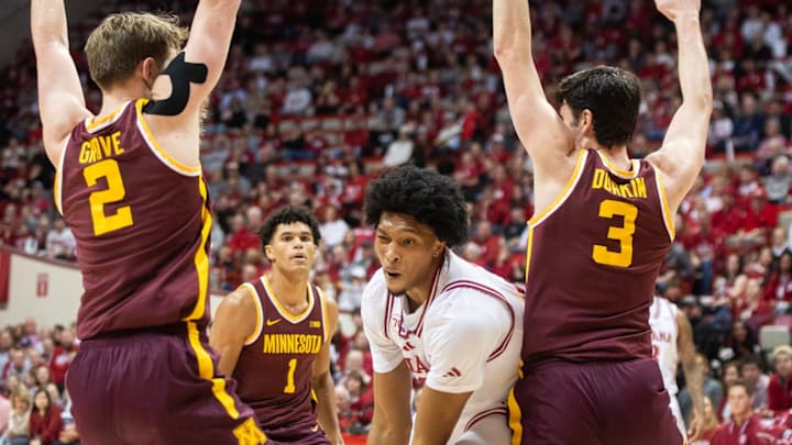 Indiana's Sam Alexis (4) works in the post during the Indiana versus Minnesota men's basketball game at Simon Skjodt Assembly Hall on Wednesday, March 4, 2026.