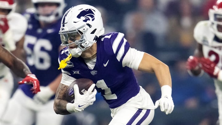 Dec 26, 2024; Phoenix, AZ, USA; Kansas State Wildcats wide receiver Jayce Brown (1) against the Rutgers Scarlet Knights during the Rate Bowl at Chase Field. Mandatory Credit: Mark J. Rebilas-Imagn Images