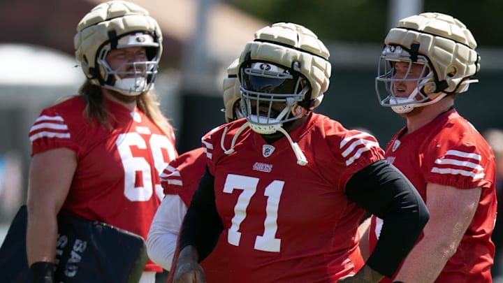 Jun 11, 2025; Santa Clara, CA, USA; San Francisco 49ers offensive tackle Trent Williams (71) waits for his rep in a blocking drill during a team OTA at Levi's Stadium. Mandatory Credit: D. Ross Cameron-Imagn Images