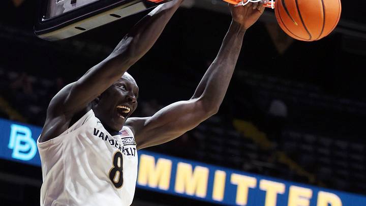 Vanderbilt's Bangot Dak Senior (8) dunks the ball during the second half of their exhibition game against UAB at Vanderbilt’s Memorial Gym Monday, October 19, 2026.