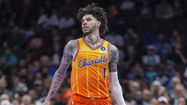 Feb 19, 2026; Charlotte, North Carolina, USA; Charlotte Hornets guard LaMelo Ball (1) brings the ball up court against the Houston Rockets during the first quarter at Spectrum Center. Mandatory Credit: Jim Dedmon-Imagn Images