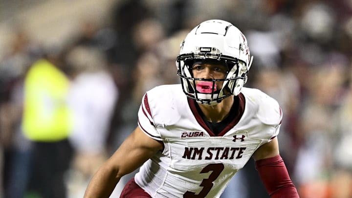 Nov 16, 2024; College Station, Texas, USA; New Mexico State Aggies safety Tayden Barnes (3) defends in coverage against the Texas A&M Aggies during the third quarter at Kyle Field. Mandatory Credit: Maria Lysaker-Imagn Images Nov 16, 2024; College Station, Texas, USA; New Mexico State Aggies safety Tayden Barnes (3) defends in coverage against the Texas A&M Aggies during the third quarter at Kyle Field. Mandatory Credit: Maria Lysaker-Imagn Images