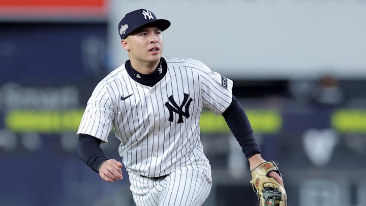 Oct 8, 2025; Bronx, New York, USA; New York Yankees shortstop Anthony Volpe (11) during the third inning of game four of the ALDS round of the 2025 MLB playoffs against the Toronto Blue Jays at Yankee Stadium. Mandatory Credit: Brad Penner-Imagn Images