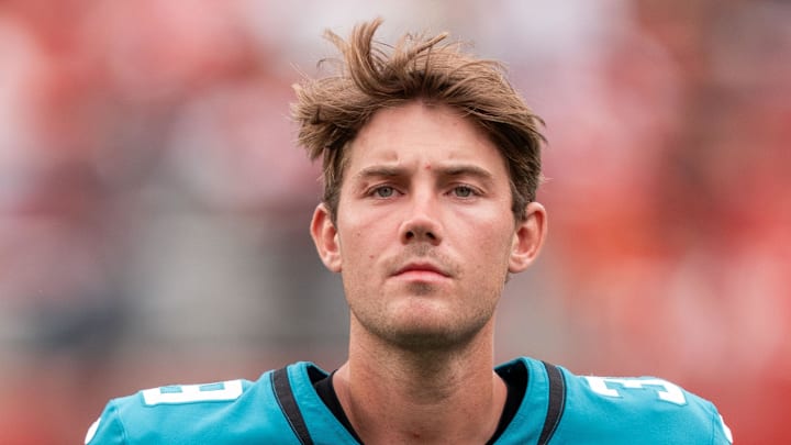 September 28, 2025; Santa Clara, California, USA; Jacksonville Jaguars place kicker Cam Little (39) after the game against the San Francisco 49ers at Levi's Stadium. Mandatory Credit: Kyle Terada-Imagn Images