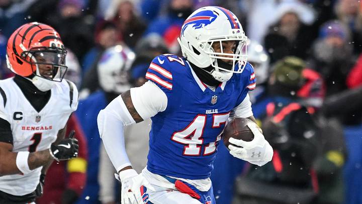 Dec 7, 2025; Orchard Park, New York, USA; Buffalo Bills cornerback Christian Benford (47) returns an interception for a touchdown against the Cincinnati Bengals in the fourth quarter Dec 7, 2025; Orchard Park, New York, USA; Buffalo Bills cornerback Christian Benford (47) returns an interception for a touchdown against the Cincinnati Bengals in the fourth quarter