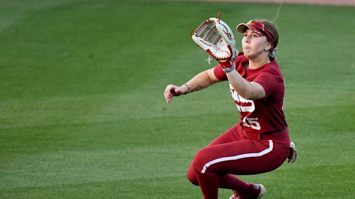 Mar 20, 2024; Tuscaloosa, Alabama, USA; Alabama utility player Kendal Clark (15) makes the play on a fly ball to right in the game with UAB at Rhoads Stadium Wednesday.