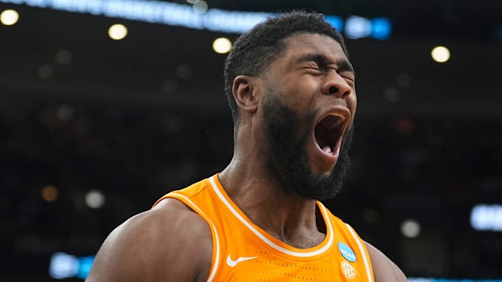 Tennessee forward Jaylen Carey (23) erupts in celebration after scoring against Iowa State in the NCAA Tournament Sweet 16 at the United Center in Chicago on March 27, 2026.