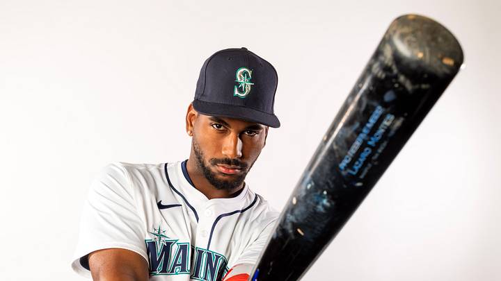 Feb 20, 2025; Peoria, AZ, USA; Seattle Mariners outfielder Lazaro Montes poses for a portrait during media day at Peoria Sports Complex. Mandatory Credit: Mark J. Rebilas-Imagn Images