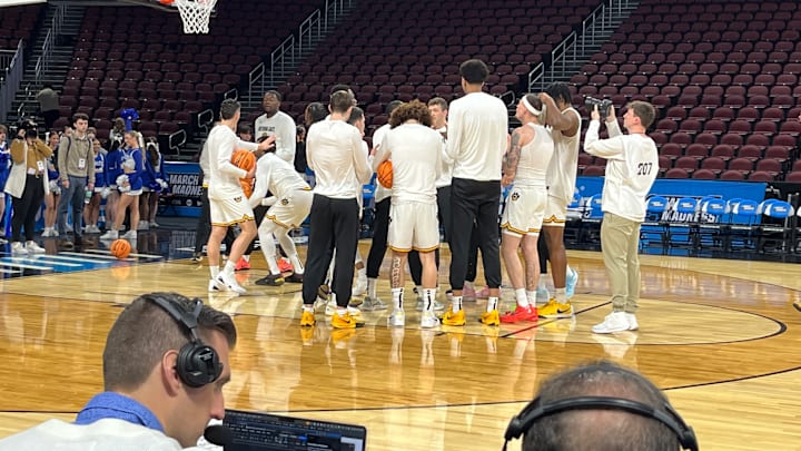 March 20, 2025; Wichita, Kansas, USA; The Missouri Tigers huddle after warm ups ahead of their game against the Drake Bulldogs at Intrust Bank Arena in Round 1 of the NCAA Tournament.