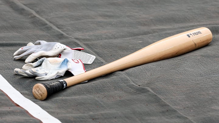 A torpedo bat is pictured before a game between the New York Yankees and Arizona Diamondbacks on April 2 at Yankee Stadium.