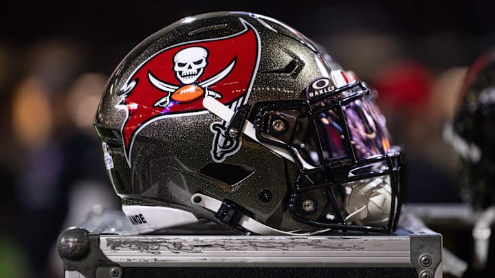 Detailed view of the Tampa Bay Buccaneers helmet against the New Orleans Saints during the first half at Caesars Superdome.