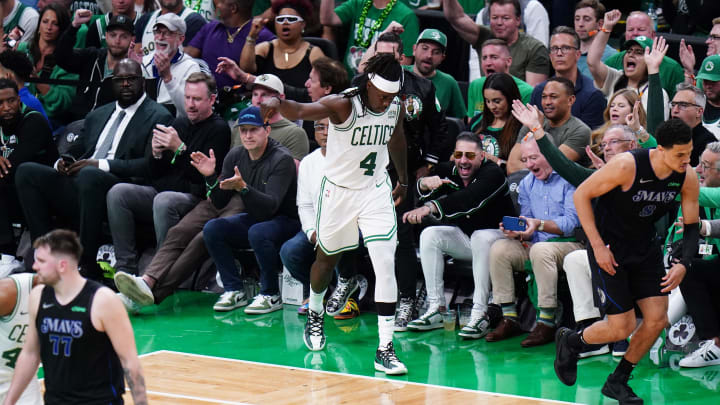 Jun 6, 2024; Boston, Massachusetts, USA; Boston Celtics guard Jrue Holiday (4) reacts after a shot against the Dallas Mavericks in the fourth quarter during game one of the 2024 NBA Finals at TD Garden. Mandatory Credit: David Butler II-USA TODAY Sports Jun 6, 2024; Boston, Massachusetts, USA; Boston Celtics guard Jrue Holiday (4) reacts after a shot against the Dallas Mavericks in the fourth quarter during game one of the 2024 NBA Finals at TD Garden. Mandatory Credit: David Butler II-USA TODAY Sports