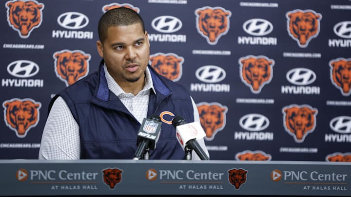 Mar 16, 2023; Lake Forest, IL, USA; Chicago Bears general manager Ryan Poles speaks during a press conference at Halas Hall.