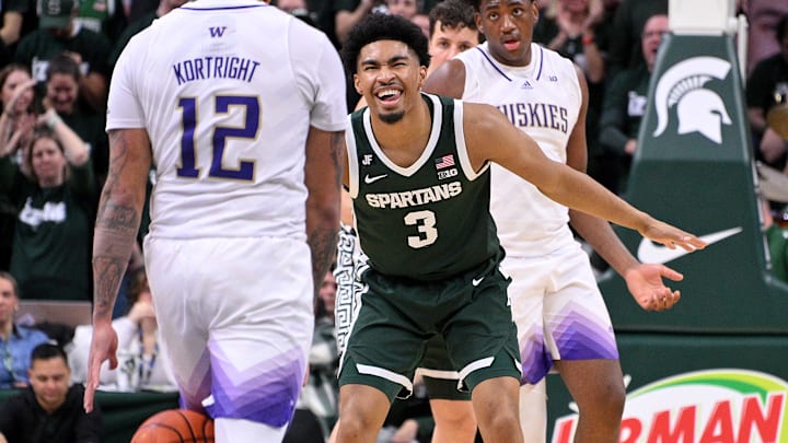 Jan 9, 2025; East Lansing, Michigan, USA; Michigan State Spartans guard Jaden Akins (3) reacts after scoring against the Washington Huskies at Jack Breslin Student Events Center. Mandatory Credit: Dale Young-Imagn Images Jan 9, 2025; East Lansing, Michigan, USA; Michigan State Spartans guard Jaden Akins (3) reacts after scoring against the Washington Huskies at Jack Breslin Student Events Center. Mandatory Credit: Dale Young-Imagn Images