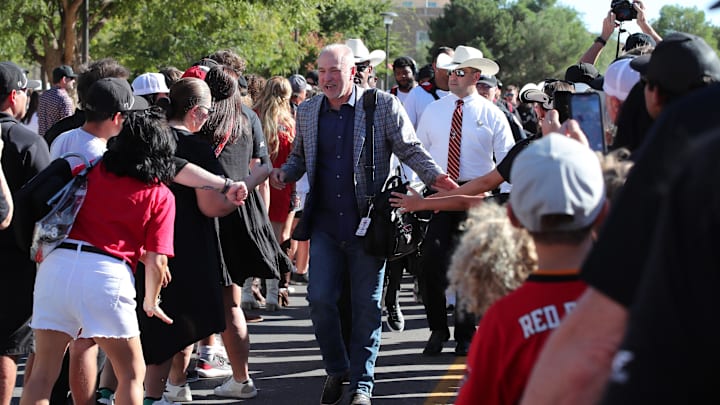 Sep 28, 2024; Lubbock, Texas, USA;  Texas Tech Red Raiders head coach Joey McGuire greets fans before the game between the Cincinnati Bearcats and the Texas Tech Red Raiders at Jones AT&T Stadium and Cody Campbell Field. Mandatory Credit: Michael C. Johnson-Imagn Images