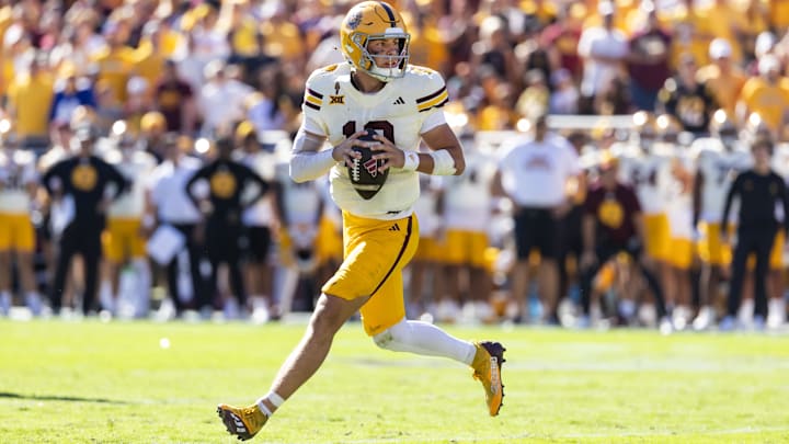 Oct 18, 2025; Tempe, Arizona, USA; Arizona State Sun Devils quarterback Sam Leavitt (10) against the Texas Tech Red Raiders at Mountain America Stadium. Mandatory Credit: Mark J. Rebilas-Imagn Images