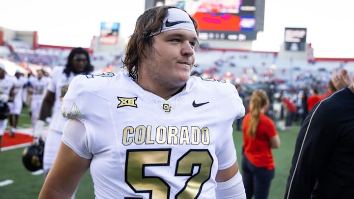 Oct 19, 2024; Tucson, Arizona, USA; Colorado Buffalos offensive lineman Cash Cleveland (52) against the Arizona Wildcats at Arizona Stadium. Mandatory Credit: Mark J. Rebilas-Imagn Images