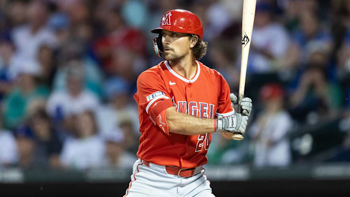 Mar 17, 2026; Mesa, Arizona, USA; Los Angeles Angels second baseman Adam Frazier against the Chicago Cubs during a spring training game at Sloan Park. Mandatory Credit: Mark J. Rebilas-Imagn Images Mar 17, 2026; Mesa, Arizona, USA; Los Angeles Angels second baseman Adam Frazier against the Chicago Cubs during a spring training game at Sloan Park. Mandatory Credit: Mark J. Rebilas-Imagn Images