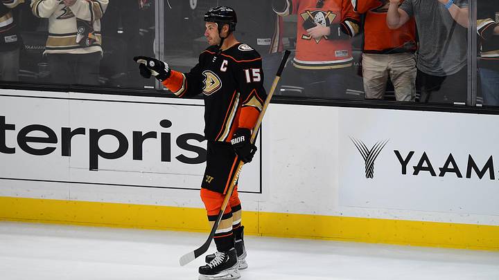 Apr 24, 2022; Anaheim, California, USA; Anaheim Ducks center Ryan Getzlaf (15) celebrates the goal scored by center Adam Henrique (14) against the St. Louis Blues during the third period at Honda Center. Getzlaf provided his final assist on the goal. Mandatory Credit: Gary A. Vasquez-Imagn Images Apr 24, 2022; Anaheim, California, USA; Anaheim Ducks center Ryan Getzlaf (15) celebrates the goal scored by center Adam Henrique (14) against the St. Louis Blues during the third period at Honda Center. Getzlaf provided his final assist on the goal. Mandatory Credit: Gary A. Vasquez-Imagn Images