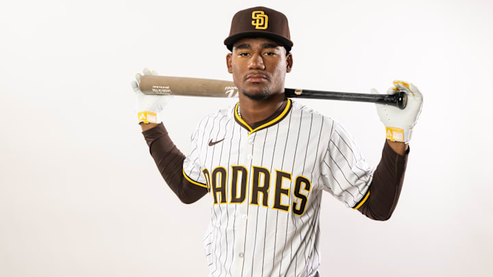 Feb 19, 2025; Peoria, AZ, USA; San Diego Padres infielder Leodalis De Vries poses for a portrait during Media Day at Peoria Sports Complex. Mandatory Credit: Mark J. Rebilas-Imagn Images