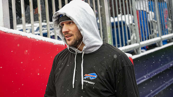 Buffalo Bills quarterback Josh Allen (17) makes his way too the field to warm up before the start of the game against the New England Patriots at Gillette Stadium. Buffalo Bills quarterback Josh Allen (17) makes his way too the field to warm up before the start of the game against the New England Patriots at Gillette Stadium.