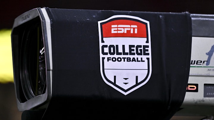 A detail view of ESPN College Football logo on a TV camera prior to the game between the Houston Cougars and the LSU Tigers A detail view of ESPN College Football logo on a TV camera prior to the game between the Houston Cougars and the LSU Tigers