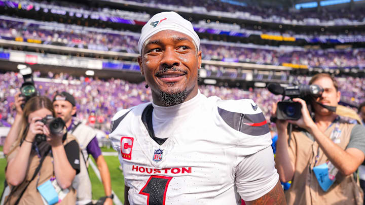 Sep 22, 2024; Minneapolis, Minnesota, USA; Houston Texans wide receiver Stefon Diggs (1) after the game against the Minnesota Vikings at U.S. Bank Stadium. Mandatory Credit: Brad Rempel-Imagn Images
