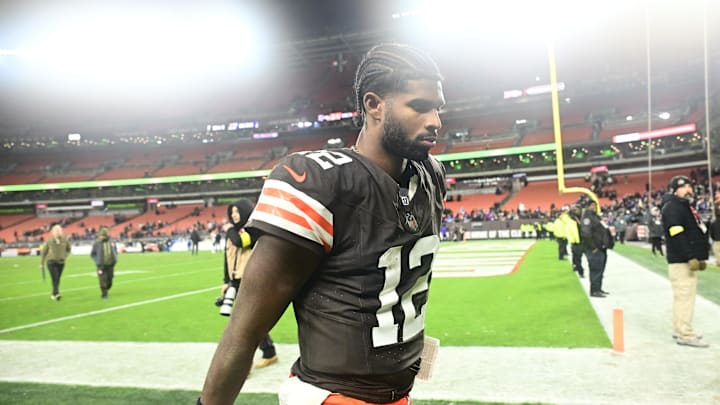 Nov 16, 2025; Cleveland, Ohio, USA; Cleveland Browns quarterback Shedeur Sanders (12) walks off the field following a game against the Baltimore Ravens at Huntington Bank Field. Mandatory Credit: Ken Blaze-Imagn Images