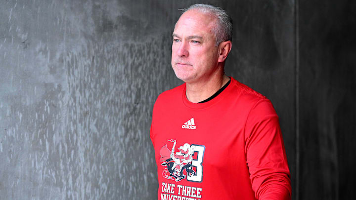 Sep 7, 2024; Pullman, Washington, USA; Texas Tech Red Raiders head coach Joey McGuire walks back to the locker room before a game against the Washington State Cougars at Gesa Field at Martin Stadium. Mandatory Credit: James Snook-Imagn Images