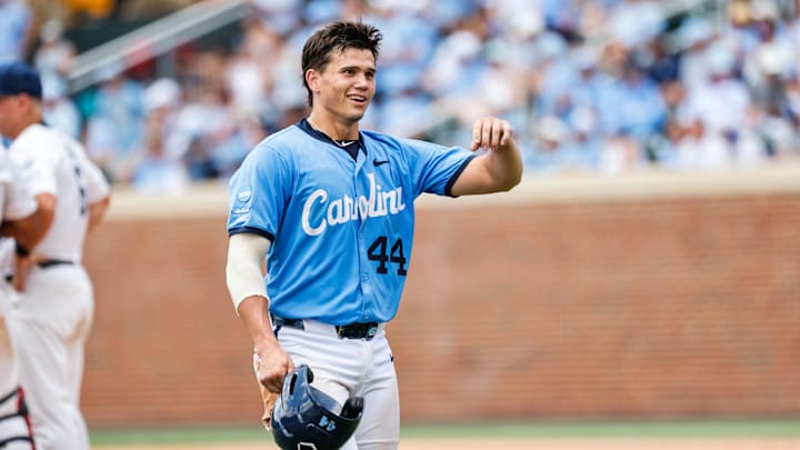 Jun 7, 2025; Chapel Hill, NC, USA; North Carolina catcher Luke Stevenson (44) celebrates towards the dugout  during the third inning of the Super Regionals game against Arizona in Chapel Hill, North Carolina. Mandatory Credit: Jaylynn Nash-Imagn Images