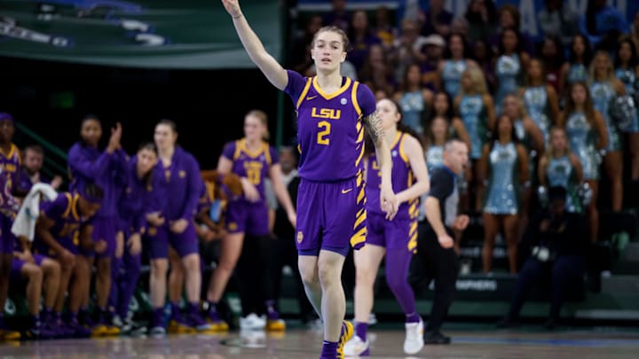 Nov 17, 2025; New Orleans, Louisiana, USA; LSU Tigers forward Grace Knox (2) reacts after a score during the first half against the Tulane Green Wave at Avron B. Fogelman Arena in Devlin Fieldhouse. Mandatory Credit: Matthew Hinton-Imagn Images