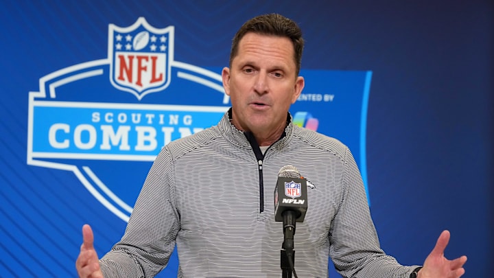 Feb 25, 2025; Indianapolis, IN, USA; Denver Broncos general manager George Paton speaks during the NFL Scouting Combine at the Indiana Convention Center. Mandatory Credit: Kirby Lee-Imagn Images