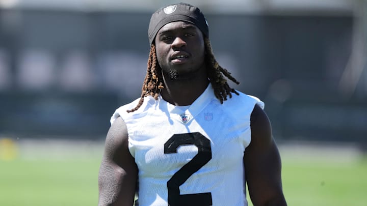 Jul 24, 2025; Henderson, NV, USA; Las Vegas Raiders running back Ashton Jeanty (2) during training camp at the Intermountain Healthcare Performance Center. Mandatory Credit: Kirby Lee-Imagn Images