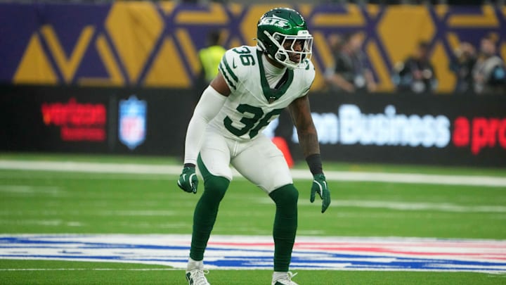 Oct 6, 2024; London, United Kingdom; New York Jets safety Chuck Clark (36) against the Minnesota Vikings in the second half at Tottenham Hotspur Stadium. 