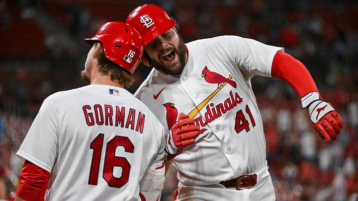 May 19, 2026; St. Louis, Missouri, USA; St. Louis Cardinals first baseman Alec Burleson (41) celebrates with third baseman Nolan Gorman (16) after hitting a solo home run against the Pittsburgh Pirates during the eighth inning at Busch Stadium. Mandatory Credit: Jeff Curry-Imagn Images May 19, 2026; St. Louis, Missouri, USA; St. Louis Cardinals first baseman Alec Burleson (41) celebrates with third baseman Nolan Gorman (16) after hitting a solo home run against the Pittsburgh Pirates during the eighth inning at Busch Stadium. Mandatory Credit: Jeff Curry-Imagn Images