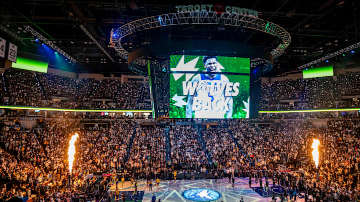 A general view of Target Center during starting lineups between the Los Angeles Lakers and Minnesota Timberwolves during Game 3 of their first-round playoff series at Target Center in Minneapolis on April 25, 2025.