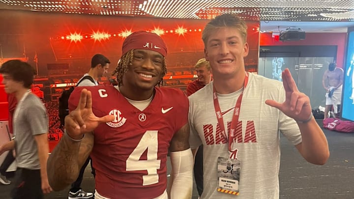 2026 tight end Mark Bowman and former Alabama quarterback Jalen Milroe following the Crimson Tide's 2024 win over Georgia.
