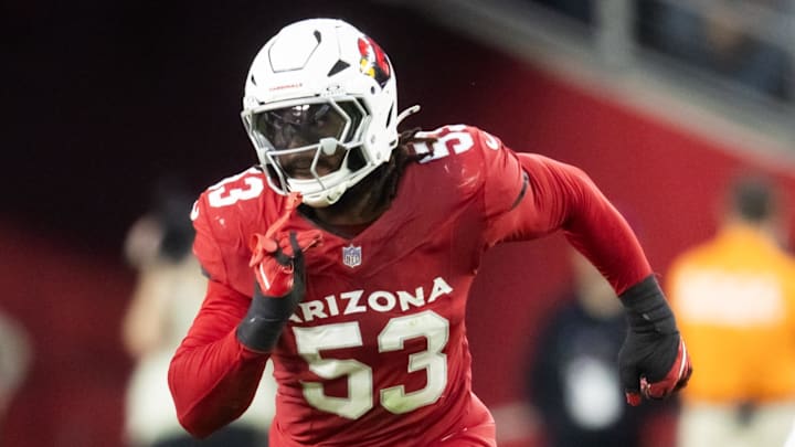 Jan 5, 2025; Glendale, Arizona, USA; Arizona Cardinals linebacker Baron Browning (53) against the San Francisco 49ers at State Farm Stadium. Mandatory Credit: Mark J. Rebilas-Imagn Images Jan 5, 2025; Glendale, Arizona, USA; Arizona Cardinals linebacker Baron Browning (53) against the San Francisco 49ers at State Farm Stadium. Mandatory Credit: Mark J. Rebilas-Imagn Images