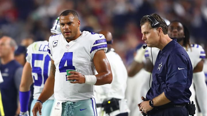 A visibly annoyed Dak Prescott and a mopey Matt Eberflus in 2017. 
