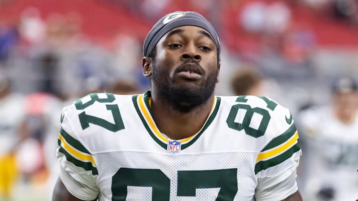Oct 19, 2025; Glendale, Arizona, USA; Green Bay Packers wide receiver Romeo Doubs (87) against the Arizona Cardinals at State Farm Stadium. Mandatory Credit: Mark J. Rebilas-Imagn Images