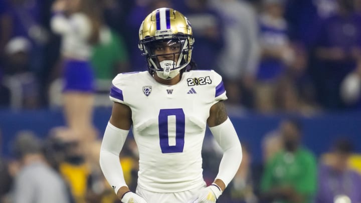 Jan 8, 2024; Houston, TX, USA; Washington Huskies cornerback Jaivion Green (0) against the Michigan Wolverines during the 2024 College Football Playoff national championship game at NRG Stadium. Mandatory Credit: Mark J. Rebilas-USA TODAY Sports