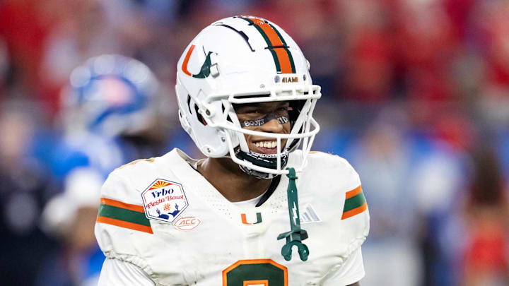 Jan 8, 2026; Glendale, AZ, USA; Miami Hurricanes wide receiver Keelan Marion (0) against the Mississippi Rebels during the 2026 Fiesta Bowl and semifinal game of the College Football Playoff at State Farm Stadium. Mandatory Credit: Mark J. Rebilas-Imagn Images